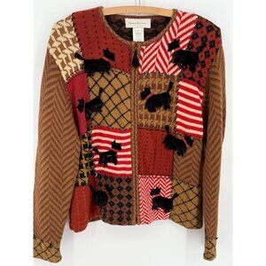Susan Bristol Womens Patchwork Cardigan Sweater With Scottie Dog Appliqué Design